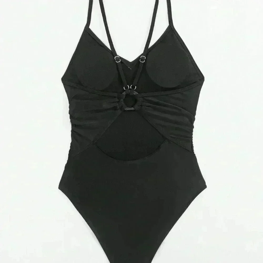 Black Women's Summer Beach Cut Out Ring Linked One Piece Swimsuit